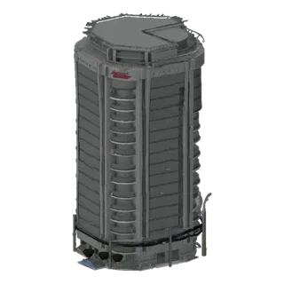 Modello 3D grattacielo ottagonale futuristico con balconi curvi a più livelli e facciata grigio scuro, su sfondo bianco.