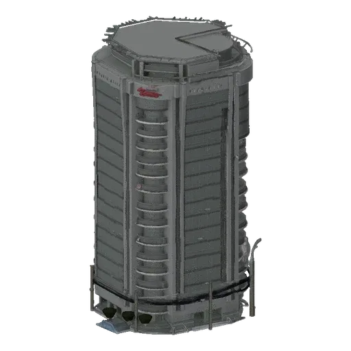 3D model of a futuristic octagonal skyscraper with multiple levels of curved balconies and a dark gray facade, set against a