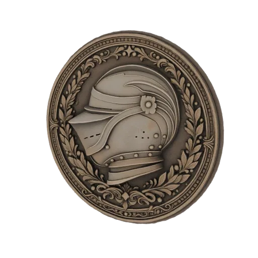 3D model of an ornate knight's helmet medallion with a laurel wreath border, rendered in a metallic bronze finish.