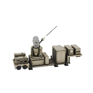 3D model of a mobile anti-aircraft defense system with a rotating turret and support modules on a trailer.