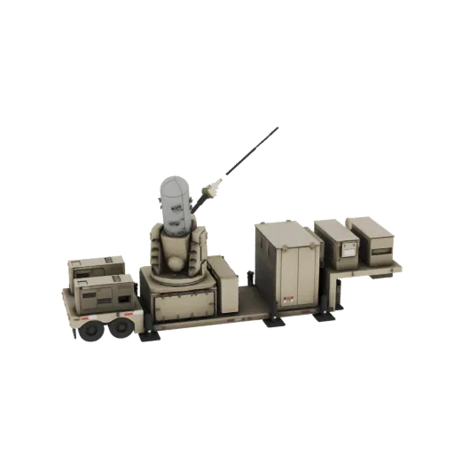 3D Modell mobiles Flugabwehrsystem mit drehbarer Kanone und Modulen auf Anhänger.