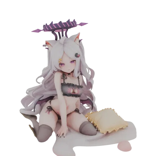 3D model of a white-haired Neko girl in black lace lingerie, with bat wings and a halo, sitting on a white cushion.