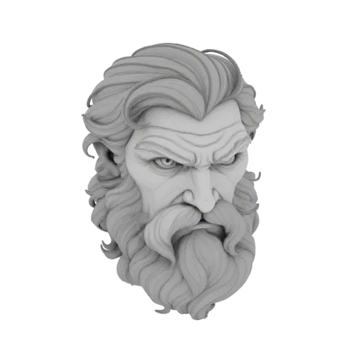Render del modello 3D del busto di un vecchio furioso con barba dettagliata e fronte intensa e corrugata, su sfondo bianco.