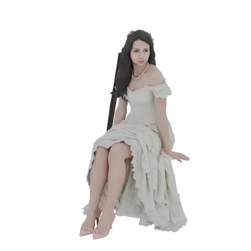 3D model of a Victorian bride sitting gracefully in a detailed white gown, with dark hair and a delicate expression.