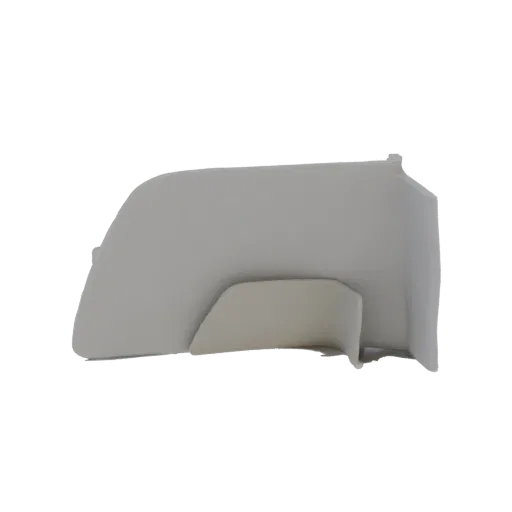 3D-Modell eines hellgrauen Automobil-Innenraum-Verkleidungspanels mit geschwungener Form und integriertem Stützelement.