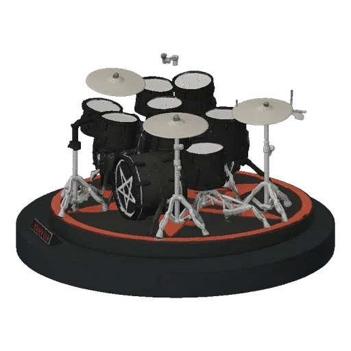 3D model of a black heavy metal drum kit with white pentagrams on the bass drums, set against a black background.