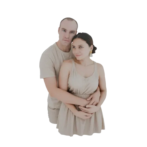 3D model of a man and woman embracing tenderly, with the man's arms around the woman's waist.
