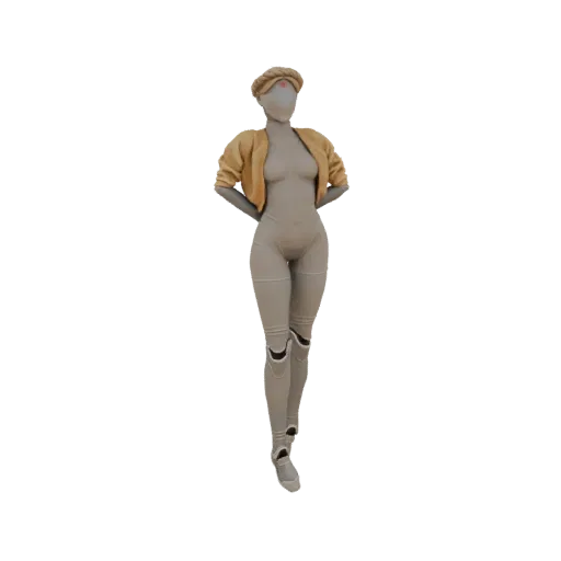 3D model of a futuristic cyberpunk character wearing a beige jacket, beret, and segmented legwear, standing against a white background.