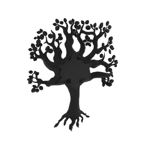 Ein 3D-Render eines stilisierten dunklen Baumes mit einer sternförmigen Öffnung im Stamm und einfachen runden Blättern an den