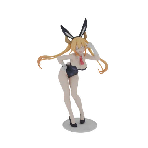 3D model of a dragon girl in a black bunny suit with white gloves and a pink tie, striking a playful pose with bunny ears and