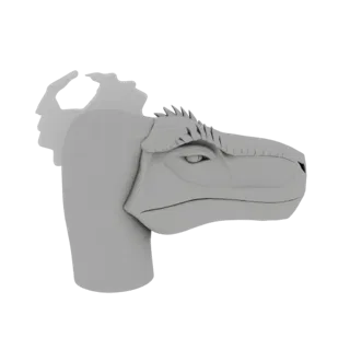 A 3D render of a gray dinosaur head bust with intricate details on its face and crest.