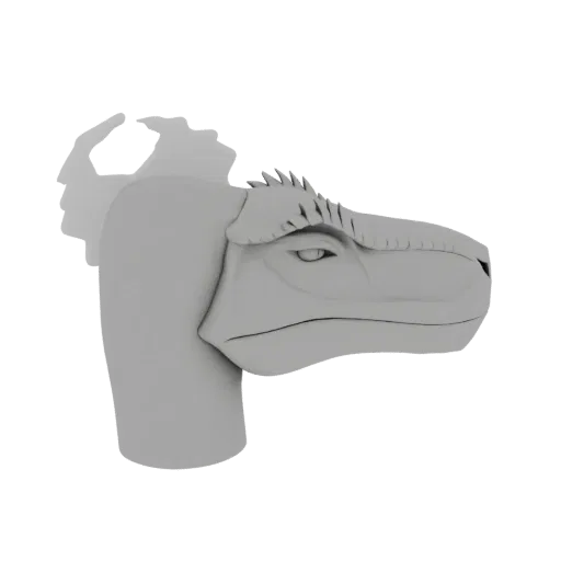 A 3D render of a gray dinosaur head bust with intricate details on its face and crest.