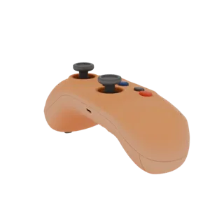 3D model of an orange game controller with gray analog sticks and colored buttons.