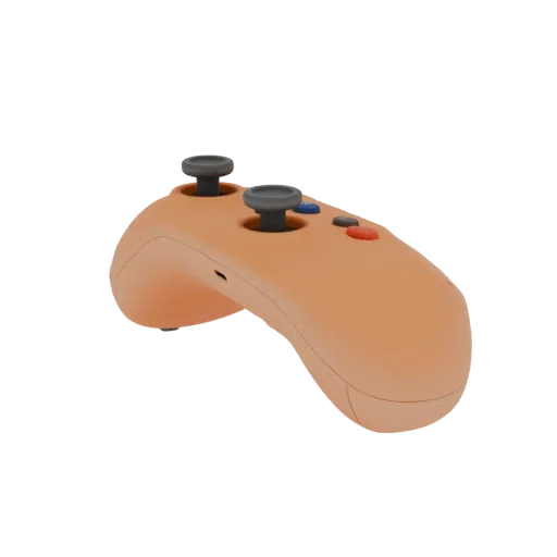 3D model of an orange game controller with gray analog sticks and colored buttons.
