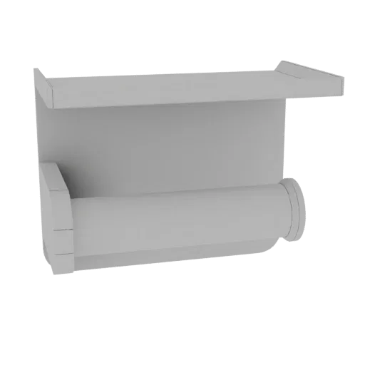 A 3D render of a modern, wall-mounted toilet paper holder with a shelf, shown in a neutral gray color against a white backgro