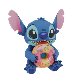 Modello 3D di Stitch da Lilo & Stitch seduto e mangiando felicemente una ciambella glassata rosa con zuccherini colorati.