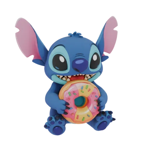 Modèle 3D de Stitch de Lilo & Stitch assis et mangeant joyeusement un donut glacé rose avec des vermicelles colorés.
