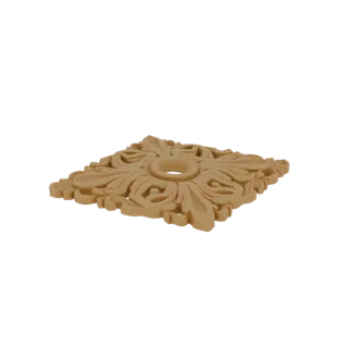 3D model of a square, ornate wood carving with intricate scrollwork and a central hole, presented on a white background.