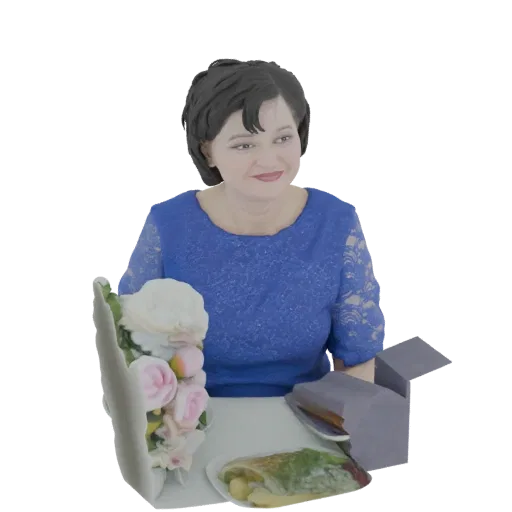 3D model of a smiling woman in a blue dress holding flowers, with food and a gift box on a table.