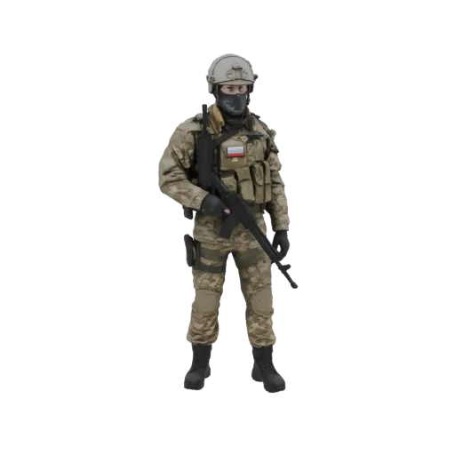 3D-Modell eines modernen Soldaten in Tarnuniform, taktischer Weste und Helm, der ein Gewehr hält.