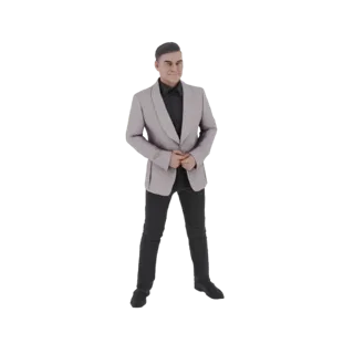 Modelo 3D de un hombre de pie con confianza con traje morado claro, camisa negra y pantalón negro, con las manos entrelazadas