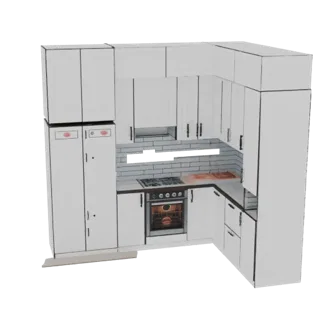 Modelo 3D de um módulo de cozinha branco moderno em L com armários, fogão e forno, visto de um ângulo ligeiramente elevado.