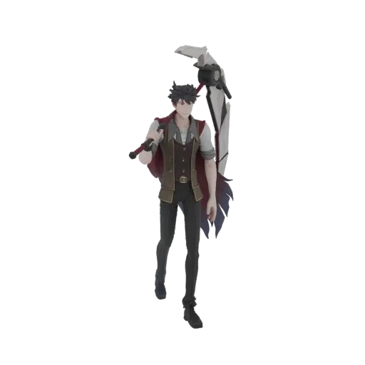 3D model of Harbinger Qrow from RWBY, holding his scythe weapon, presented against a white background.