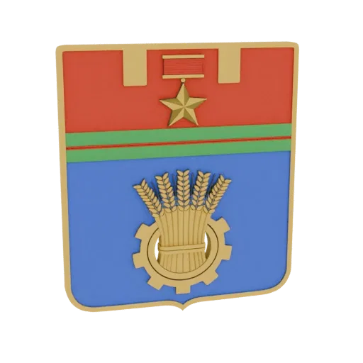 3D model of a stylized coat of arms with a golden star, wheat stalks, and a gear on a black background.