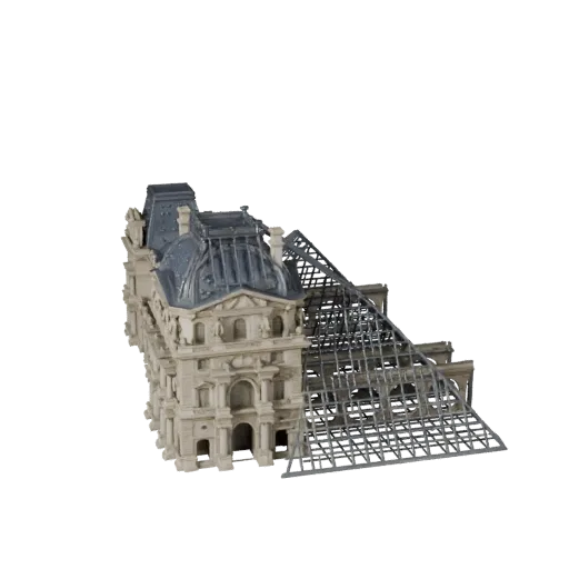 Modelo 3D baixo poli da Pirâmide do Louvre, vista exterior pronta para jogo, mostrando materiais da estrutura do marco histór