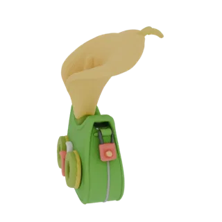 3D model of a green bag stylized as a Calla Lily flower, with vibrant details and a clasp.