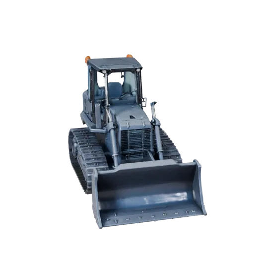 Bergbau-Planierraupe 3D-Modell, Seitenprofilansicht, technischer Viewport-Render, zeigt lackierten Stahl, Formdetails.