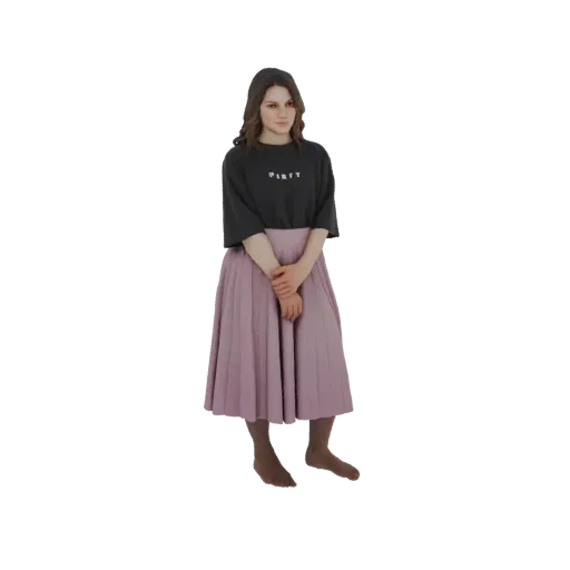 3D model of a young woman with brown hair, wearing a dark t-shirt and a light purple pleated skirt, standing with hands clasp