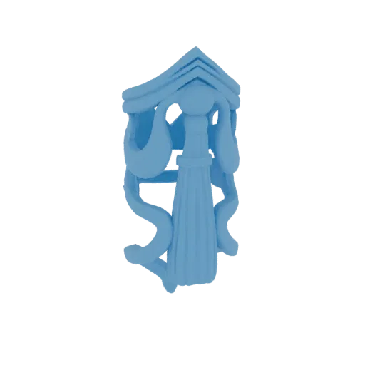 3D model of an ornate blue tassel finial with intricate scrollwork and decorative housing.