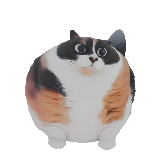 A 3D model render of a very round calico cat with large, wide eyes and black, orange, and white fur, sitting with its paws fo