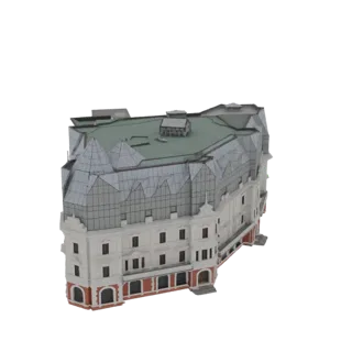 3D model of an ornate European building facade with a complex, multi-pitched glass roof and detailed lower-level arches.