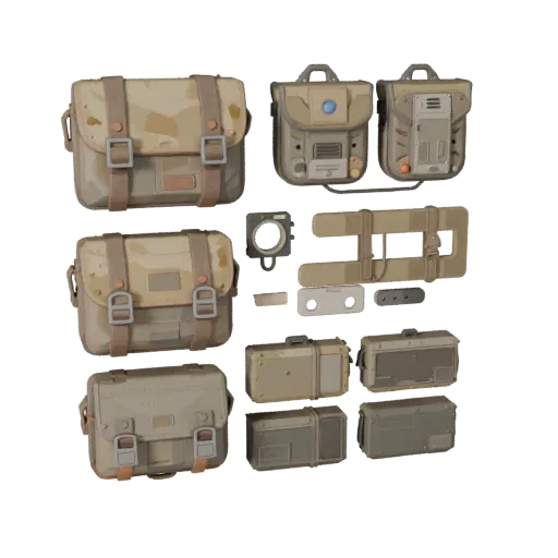 Desert Utility Pouch Stylized 3D model, stylized isometric render, showing canvas, packable silhouettes.