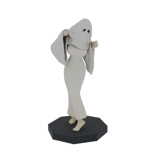 3D-Modell eines niedlichen Geistmädchen-Charakters, der mit rosigen Wangen und großen Augen unter seinem Laken hervorlugt und