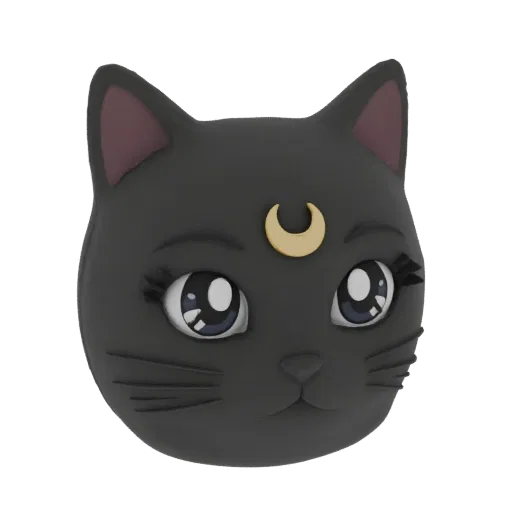 3D model of Luna, the black cat from Sailor Moon, with large blue eyes and a golden crescent moon on her forehead, against a