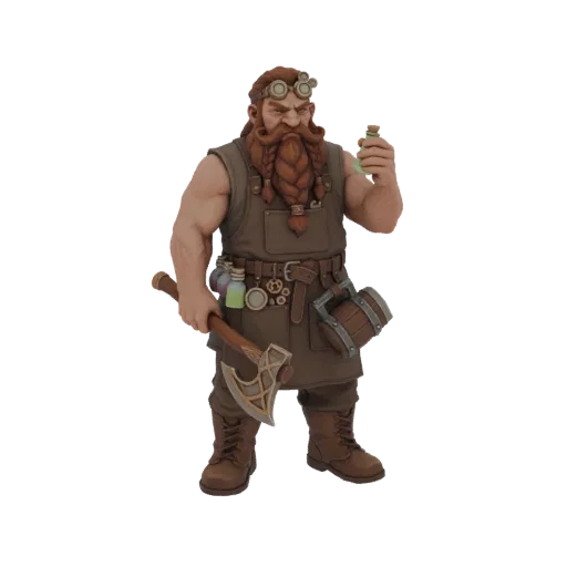3D model of a Steampunk Dwarf Alchemist holding an axe and a potion, wearing goggles and an apron with gears.