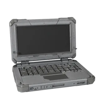 Modello 3D realistico Workstation Portatile Robusta, rendering da studio tre quarti, che mostra metallo spazzolato, angolazio