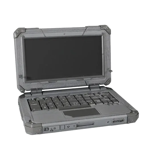 Rugged Portable Workstation Realistic 3D model, three-quarter studio render, showing brushed metal, open lid angle.