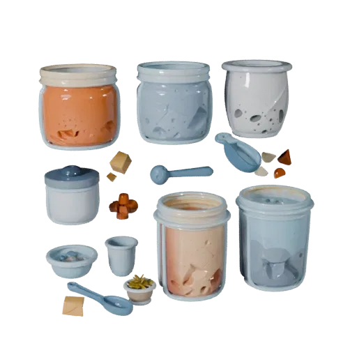 Pantry Spice Jars Stylized 3D model, stylized isometric render, showing powders, small ingredient shapes.