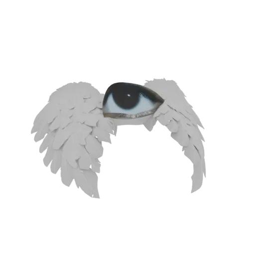 A 3D render of white angel wings with a realistic human eye in the center, set against a black background.