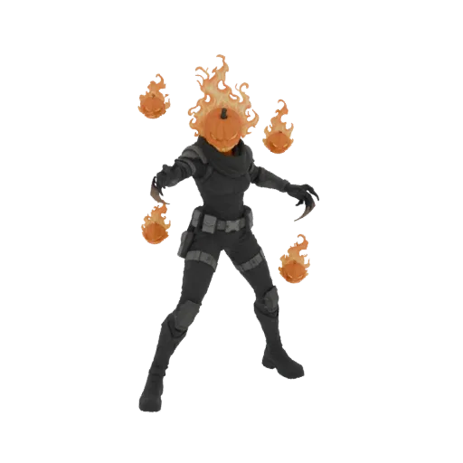 3D model of a character with a pumpkin head on fire, wearing dark tactical gear, with smaller fiery pumpkin orbs floating aro