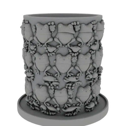 A 3D render of a cylindrical pot covered in a detailed, embossed pattern of cute frogs, sitting on a circular base.