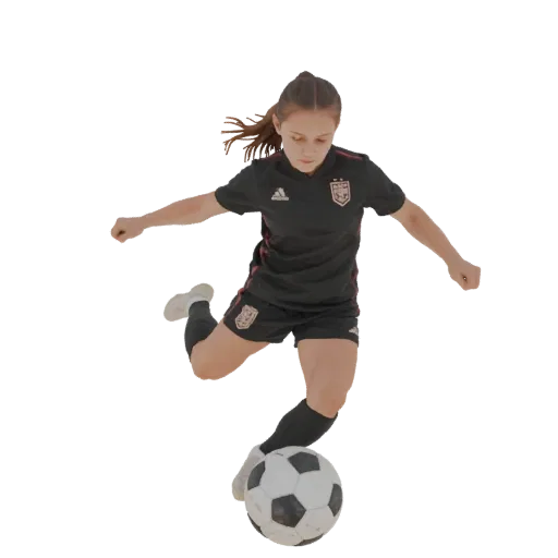 3D model of a young female soccer player in a black and red uniform, captured mid-kick with a soccer ball at her feet.