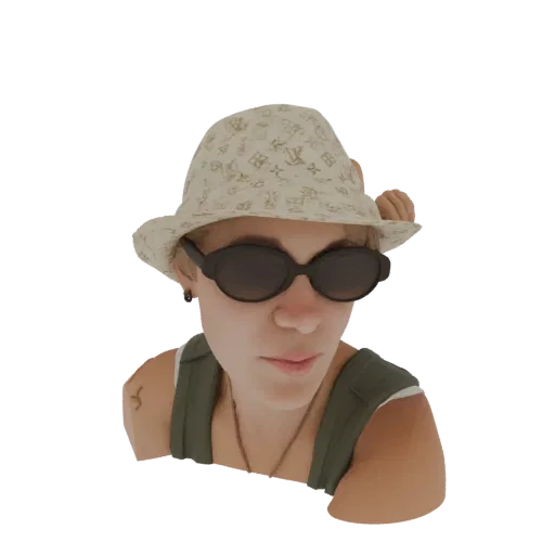 3D model of a person wearing a patterned bucket hat and dark sunglasses, looking forward with a slight tilt of the head.