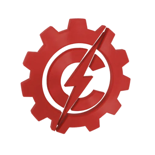 3D render of a red gear with a lightning bolt striking through a central 'C' symbol, set against a white background.