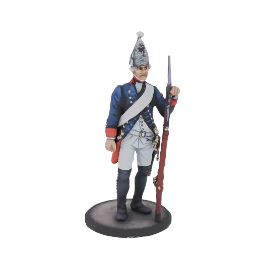3D-Modell eines Grenadiers aus dem 18. Jahrhundert in Uniform, mit Musket, auf einer runden Basis.