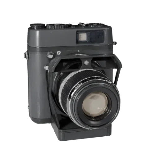 Vintage Camera 3D model, three-quarter front view, AR viewer studio render, showing textured grips, lens barrels.